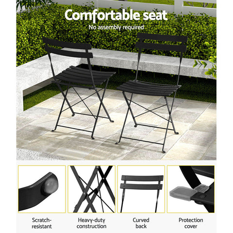 Gardeon 3PC Outdoor Bistro Set Steel Table and Chairs Patio Furniture Black Chez Guru