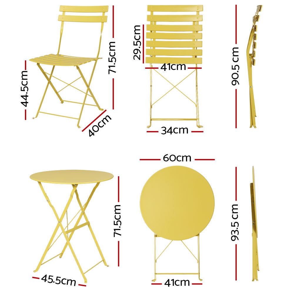 Gardeon 3PC Outdoor Bistro Set Steel Table and Chairs Patio Furniture Yellow Chez Guru