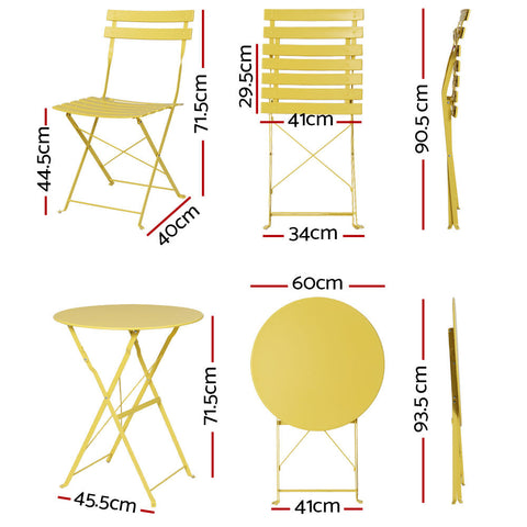 Gardeon 3PC Outdoor Bistro Set Steel Table and Chairs Patio Furniture Yellow Chez Guru