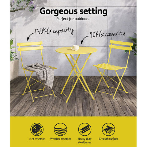 Gardeon 3PC Outdoor Bistro Set Steel Table and Chairs Patio Furniture Yellow Chez Guru