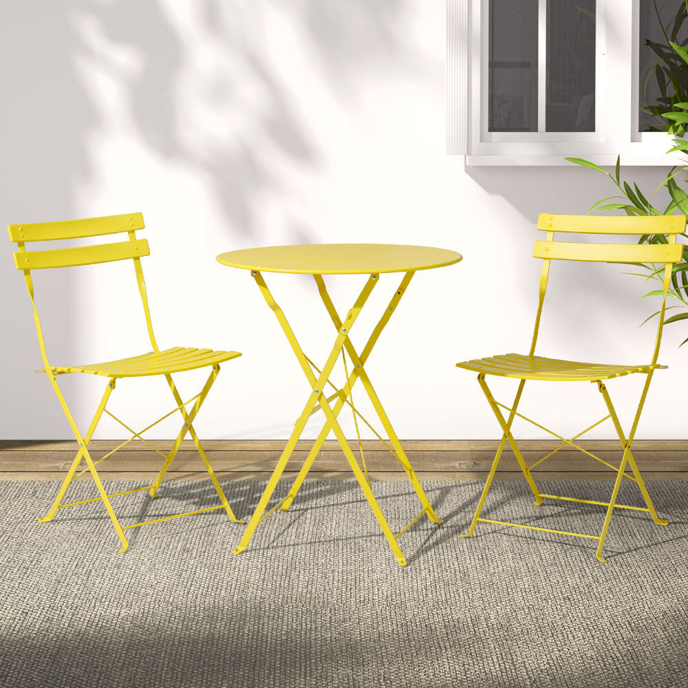 Gardeon 3PC Outdoor Bistro Set Steel Table and Chairs Patio Furniture Yellow Chez Guru