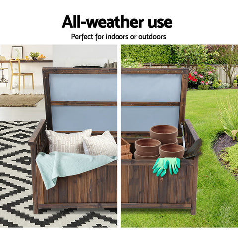Wooden storage bench with outdoor and indoor use scenarios.