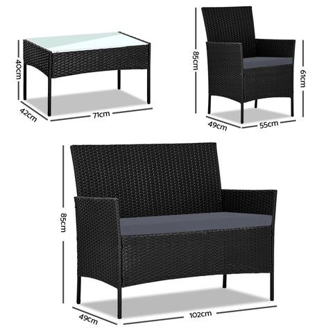 Gardeon 4 Seater Outdoor Sofa Set Wicker Setting Table Chair Furniture Black Chez Guru