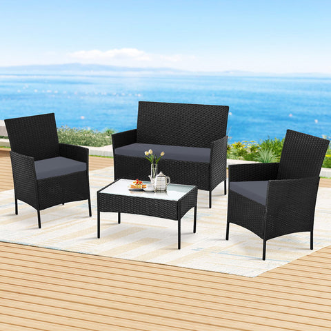 Gardeon 4 Seater Outdoor Sofa Set Wicker Setting Table Chair Furniture Black Chez Guru