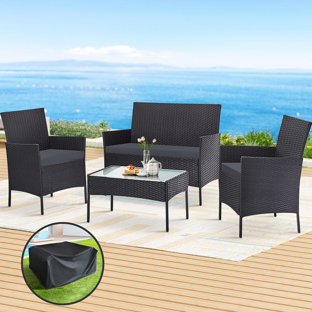 Gardeon 4 Seater Outdoor Sofa Set with Storage Cover Wicker Table Chair DarkGrey Chez Guru