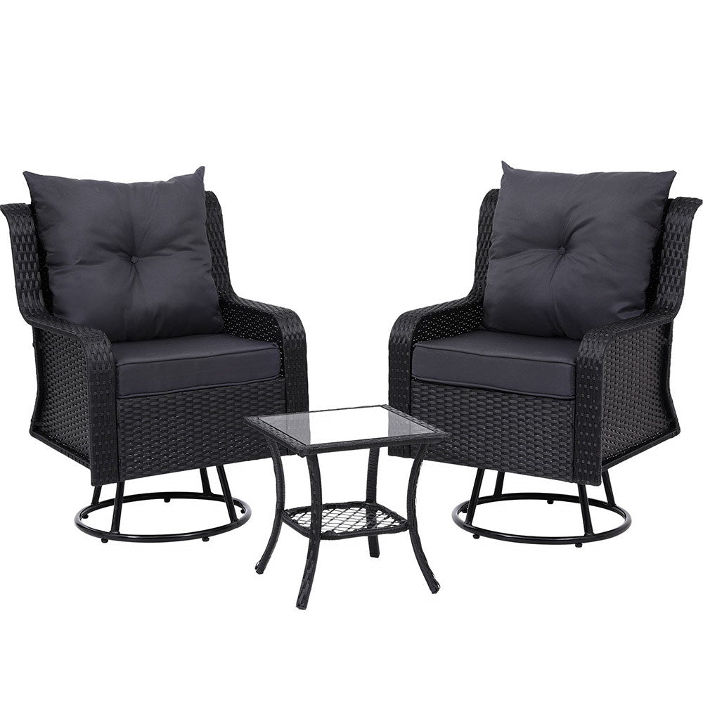 Gardeon 3PC Outdoor Furniture Bistro Set Lounge Wicker Swivel Chairs Table Cushion Black Chez Guru