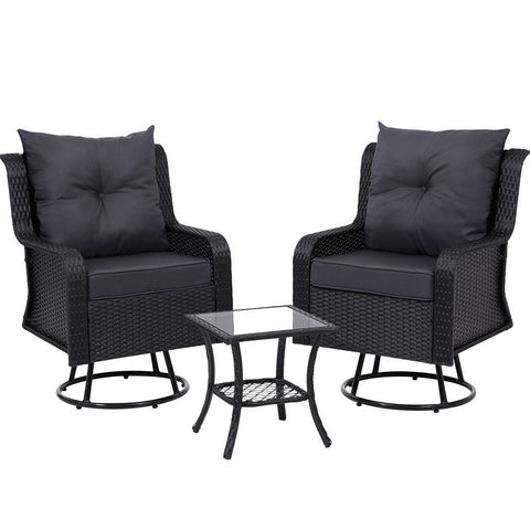Gardeon 3PC Outdoor Furniture Bistro Set Lounge Wicker Swivel Chairs Table Cushion Black Chez Guru