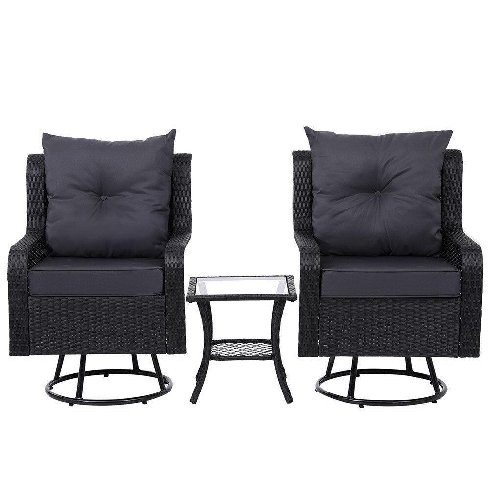 Gardeon 3PC Outdoor Furniture Bistro Set Lounge Wicker Swivel Chairs Table Cushion Black Chez Guru