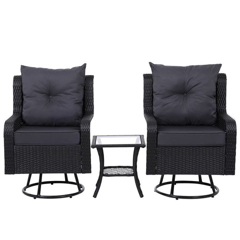 Gardeon 3PC Outdoor Furniture Bistro Set Lounge Wicker Swivel Chairs Table Cushion Black Chez Guru