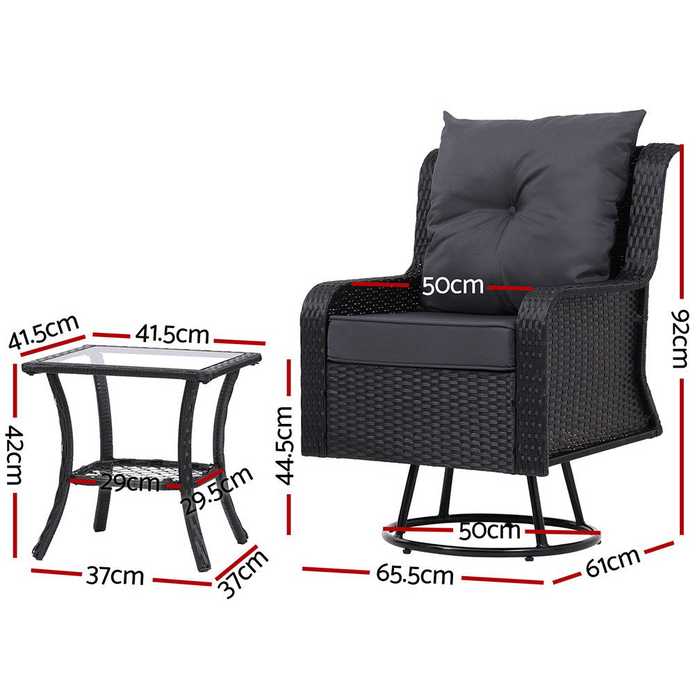 Gardeon 3PC Outdoor Furniture Bistro Set Lounge Wicker Swivel Chairs Table Cushion Black Chez Guru