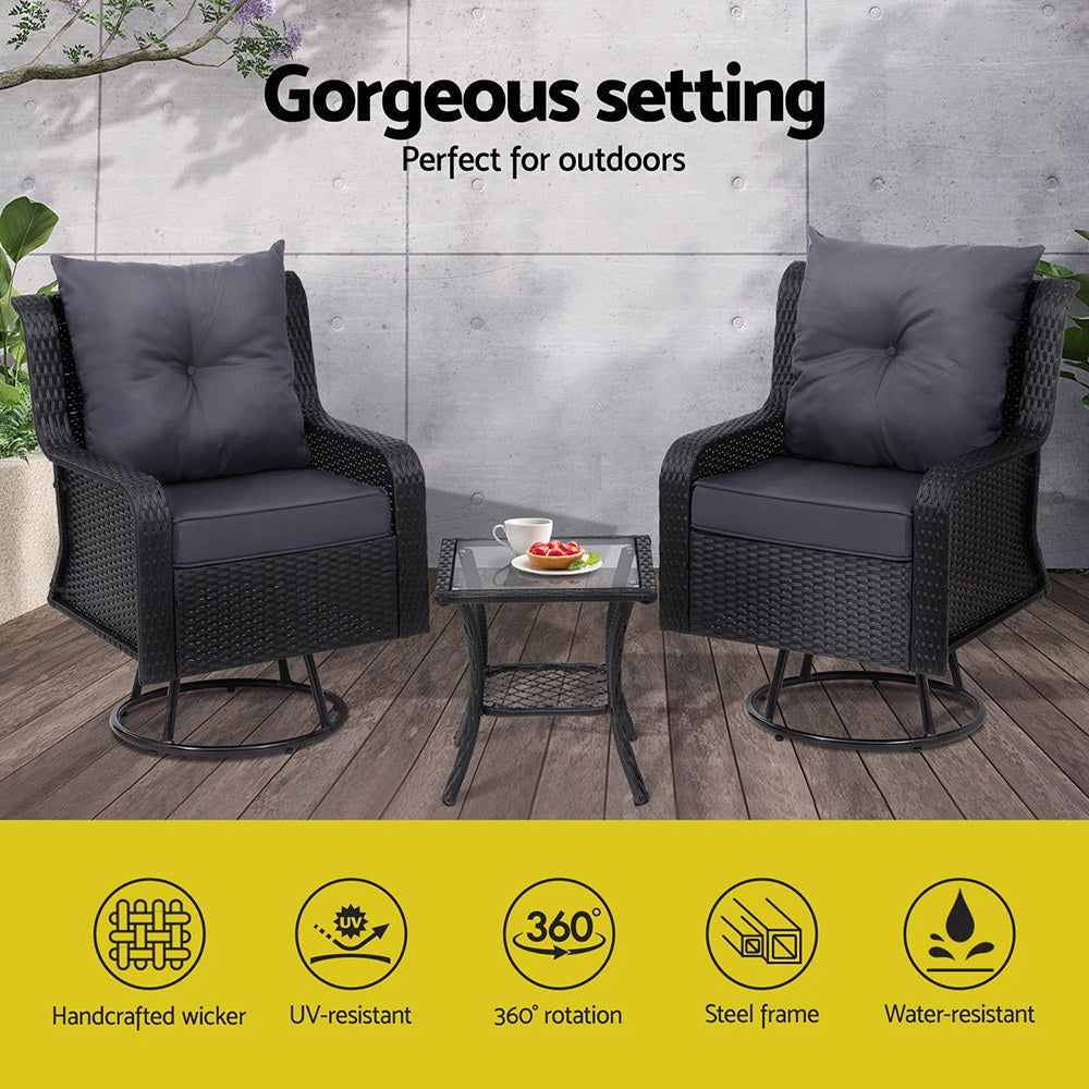 Gardeon 3PC Outdoor Furniture Bistro Set Lounge Wicker Swivel Chairs Table Cushion Black Chez Guru