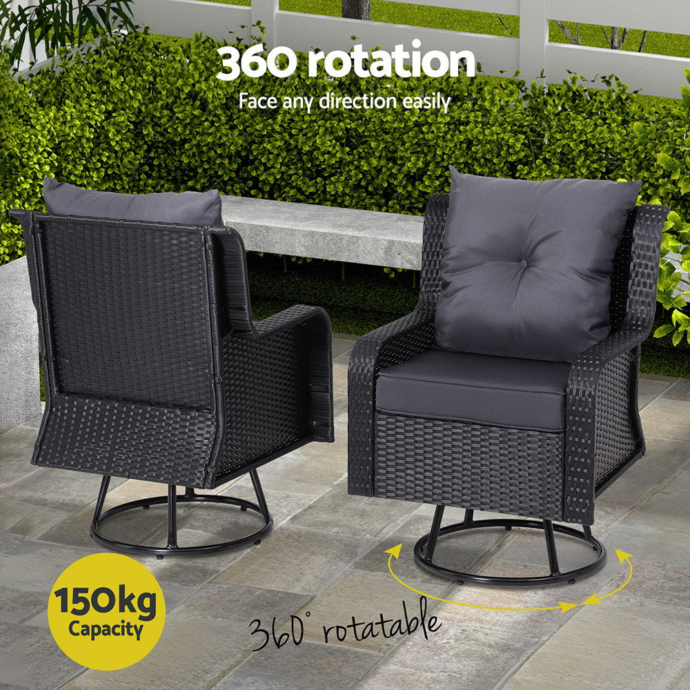 Gardeon 3PC Outdoor Furniture Bistro Set Lounge Wicker Swivel Chairs Table Cushion Black Chez Guru