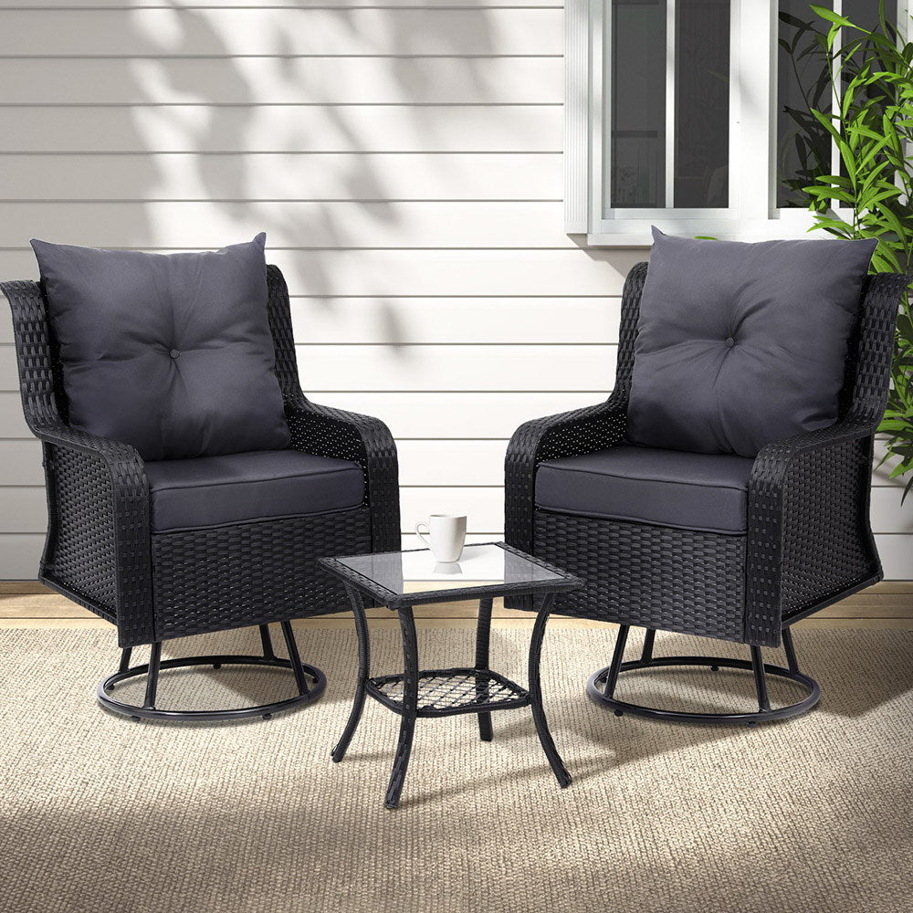 Gardeon 3PC Outdoor Furniture Bistro Set Lounge Wicker Swivel Chairs Table Cushion Black Chez Guru