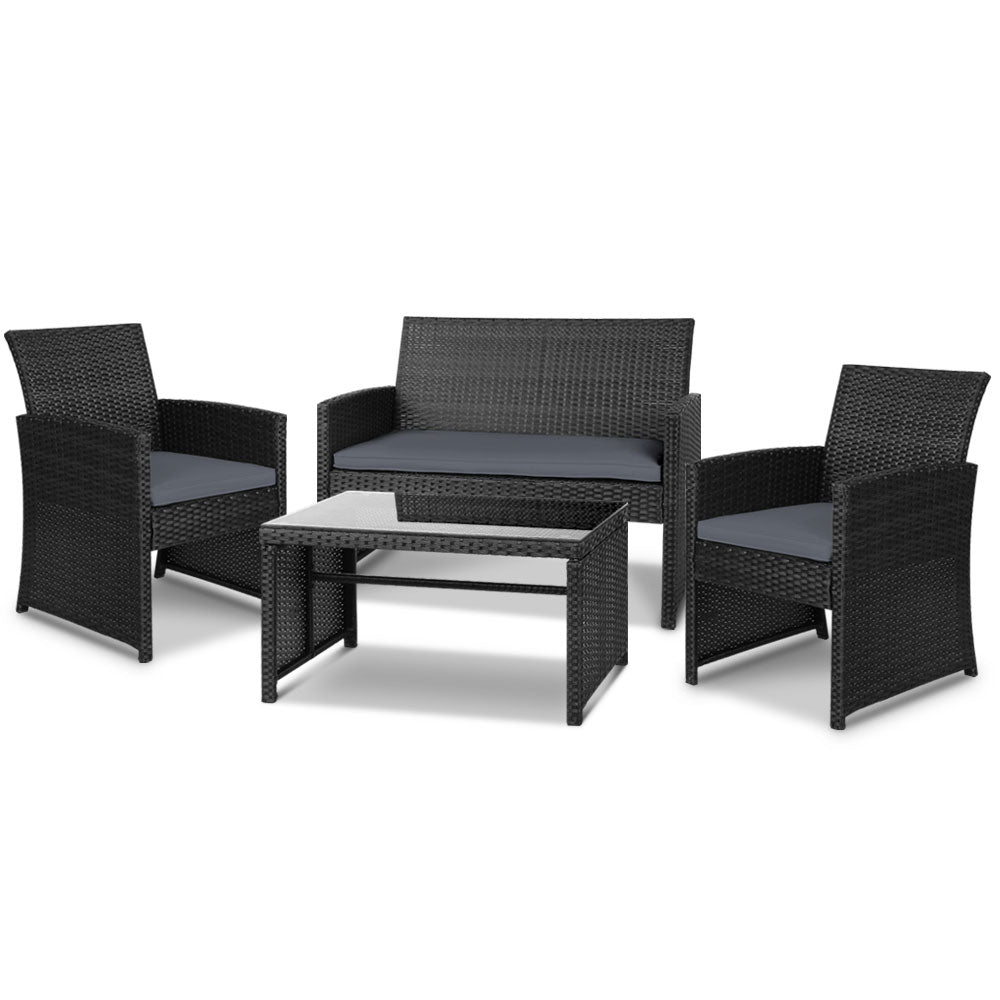 Gardeon 4 PCS Outdoor Sofa Set Rattan Chair Table Setting Garden Furniture Black Chez Guru