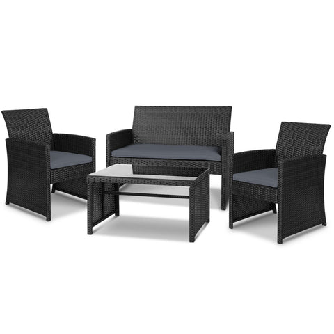 Gardeon 4 PCS Outdoor Sofa Set Rattan Chair Table Setting Garden Furniture Black Chez Guru