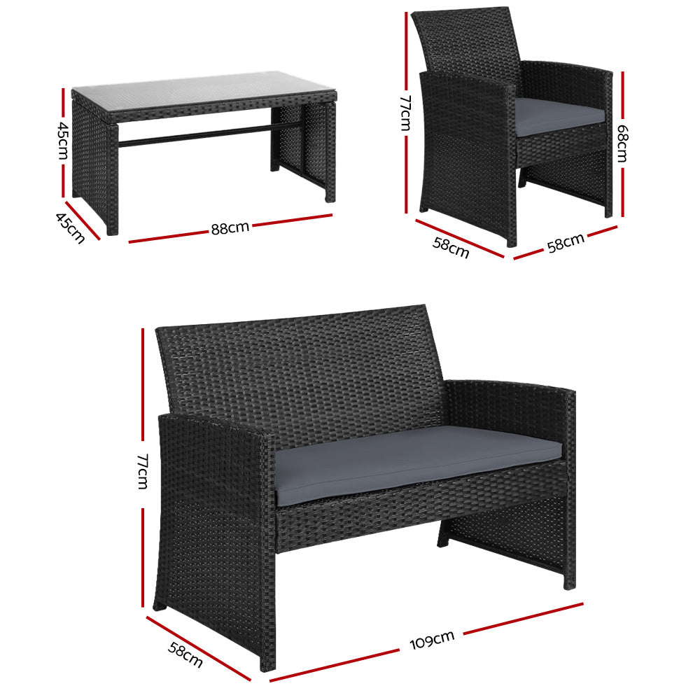 Gardeon 4 PCS Outdoor Sofa Set Rattan Chair Table Setting Garden Furniture Black Chez Guru