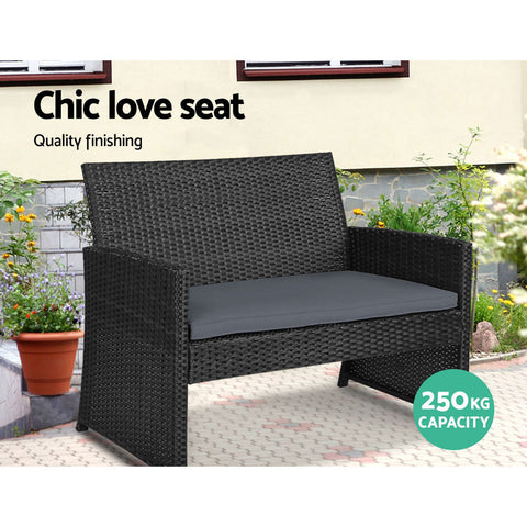 Gardeon 4 PCS Outdoor Sofa Set Rattan Chair Table Setting Garden Furniture Black Chez Guru