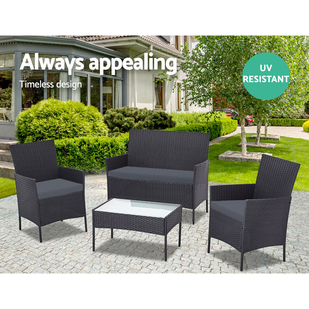 Gardeon 4 PCS Outdoor Sofa Set Rattan Chair Table Setting Garden Furniture Black Chez Guru