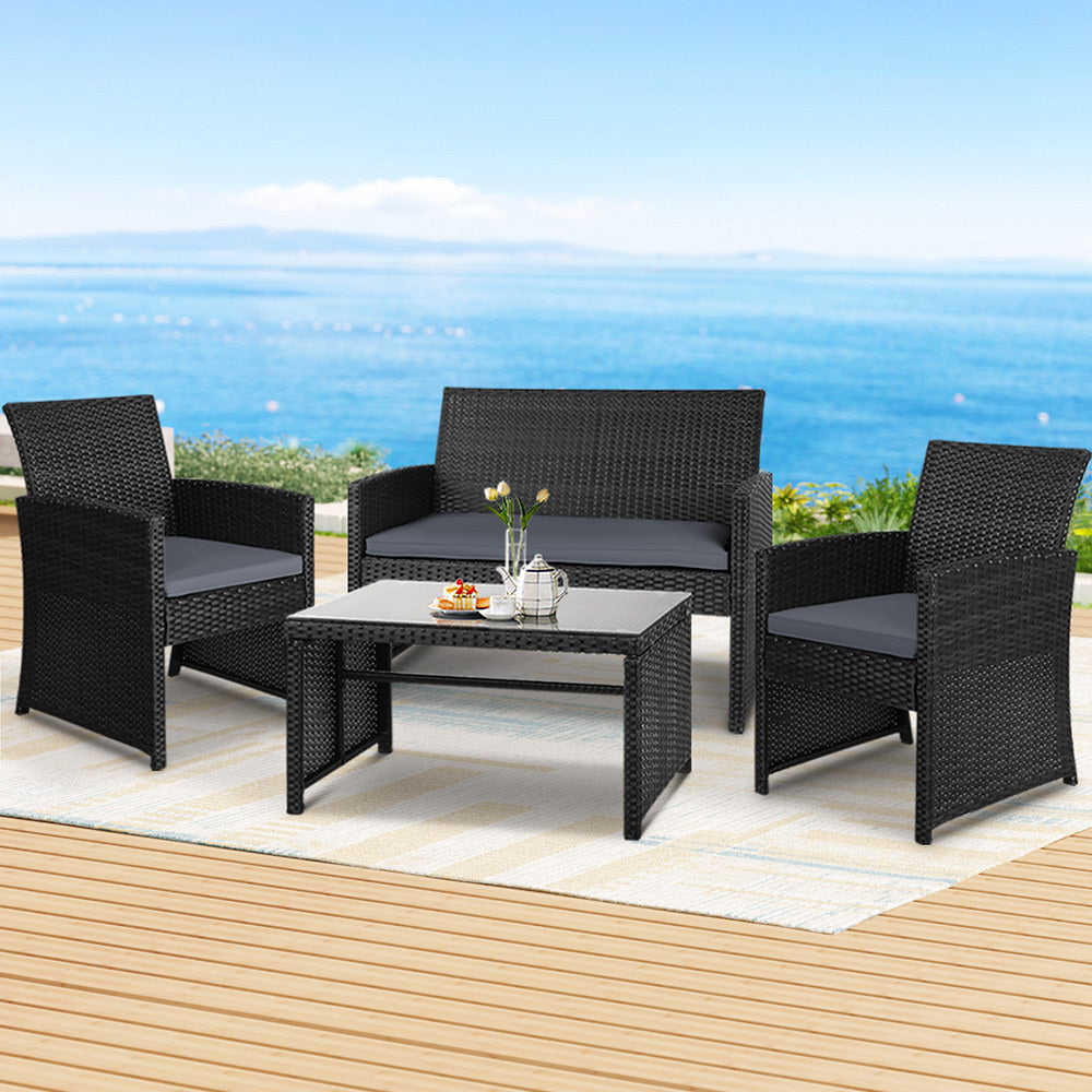 Gardeon 4 PCS Outdoor Sofa Set Rattan Chair Table Setting Garden Furniture Black Chez Guru