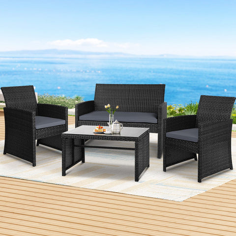 Gardeon 4 PCS Outdoor Sofa Set Rattan Chair Table Setting Garden Furniture Black Chez Guru