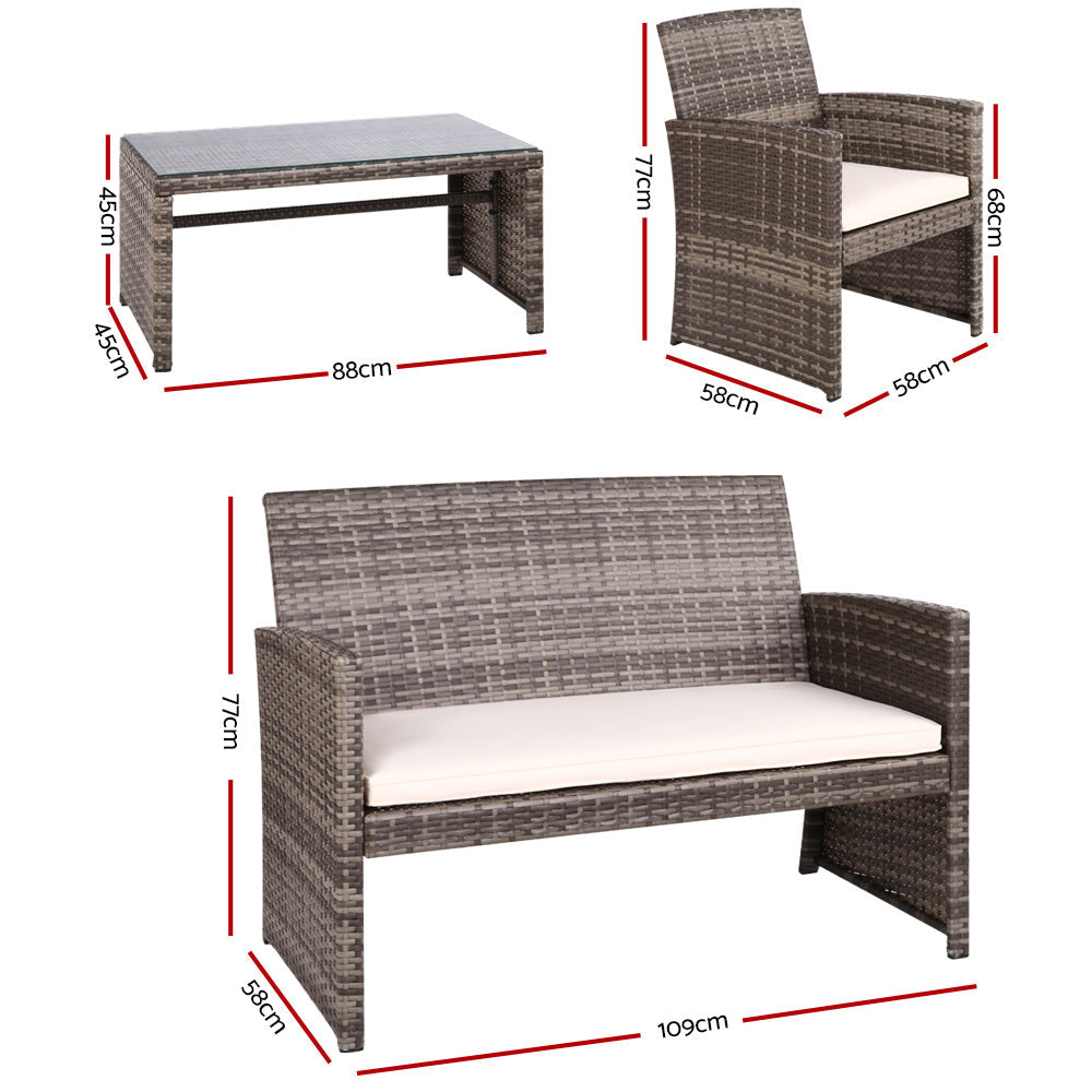 Gardeon 4 PCS Outdoor Sofa Set Rattan Chair Table Setting Garden Furniture Grey Chez Guru