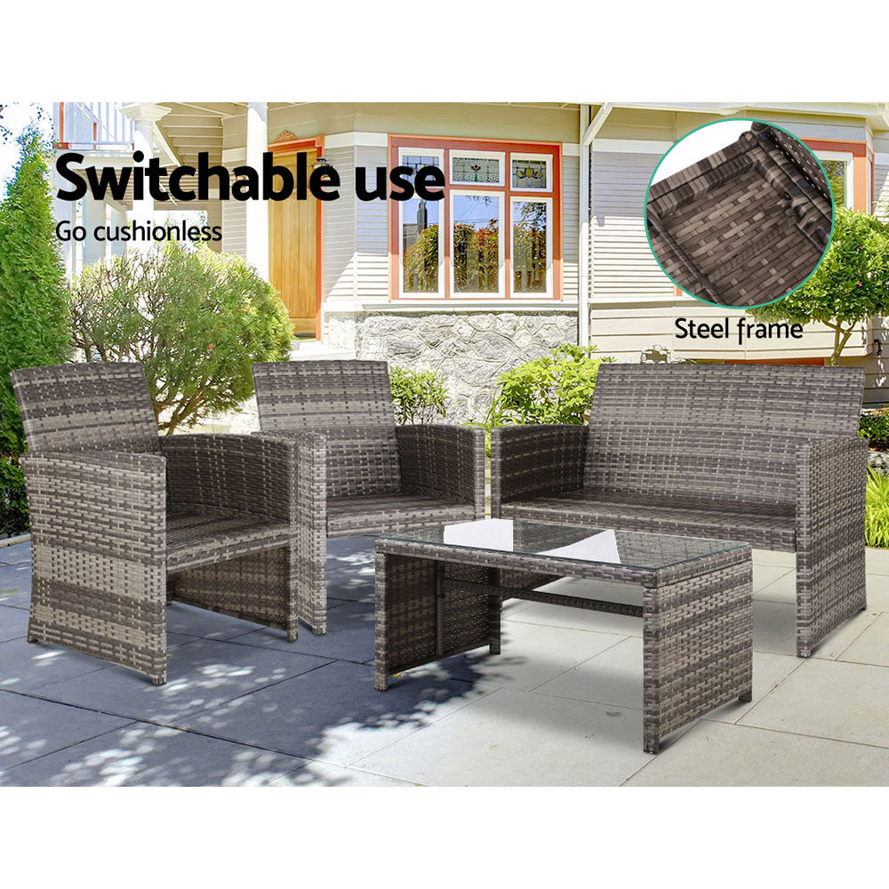 Gardeon 4 PCS Outdoor Sofa Set Rattan Chair Table Setting Garden Furniture Grey Chez Guru
