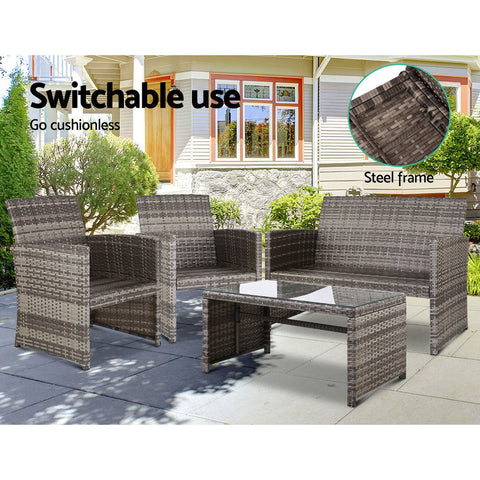 Gardeon 4 PCS Outdoor Sofa Set Rattan Chair Table Setting Garden Furniture Grey Chez Guru