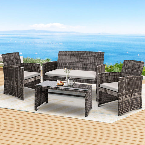 Gardeon 4 PCS Outdoor Sofa Set Rattan Chair Table Setting Garden Furniture Grey Chez Guru