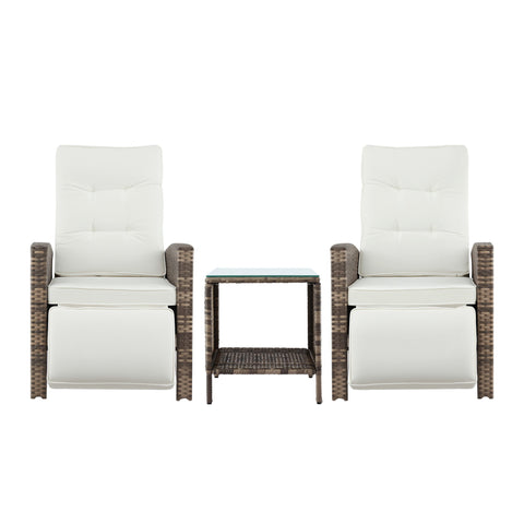 Gardeon 3PC Outdoor Bistro Set Recliner Chairs Table Sun lounge Patio Furniture Wicker Adjustable
