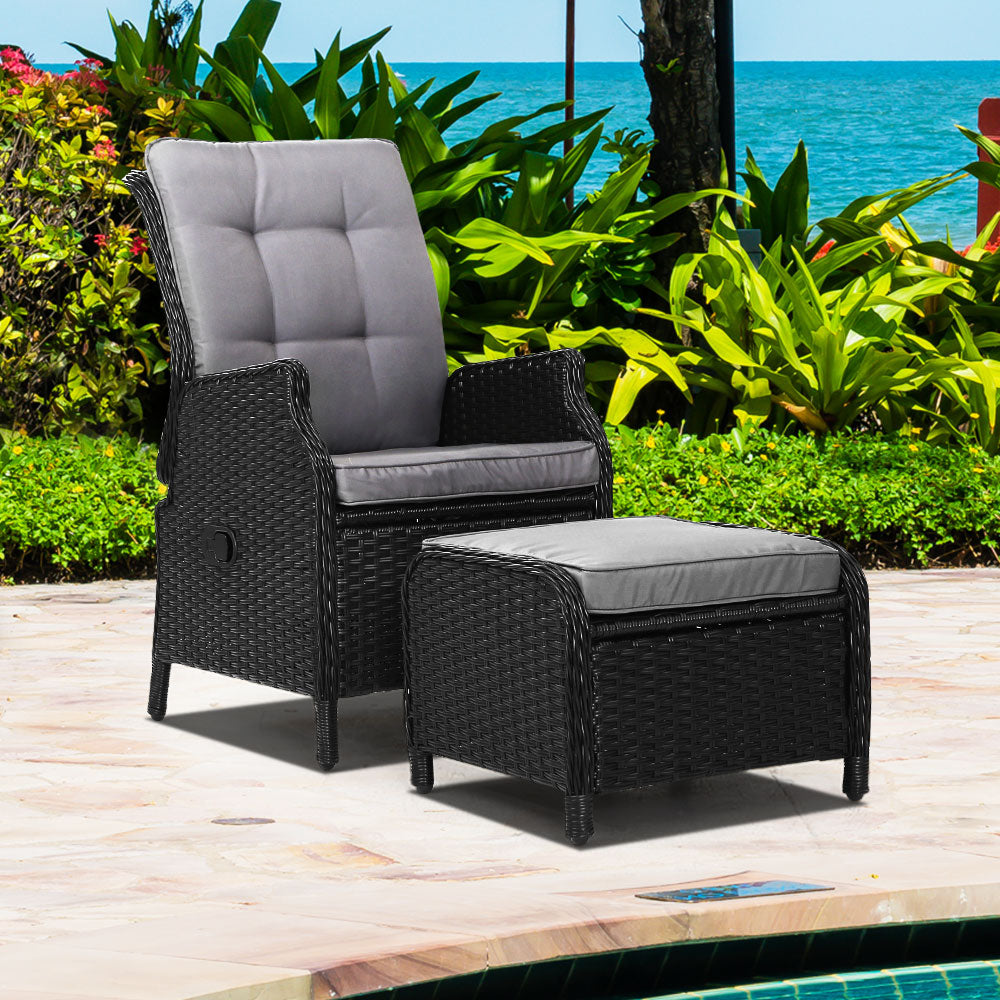 Gardeon Recliner Chair Sun lounge Wicker Lounger Outdoor Furniture Patio Adjustable Black Chez Guru
