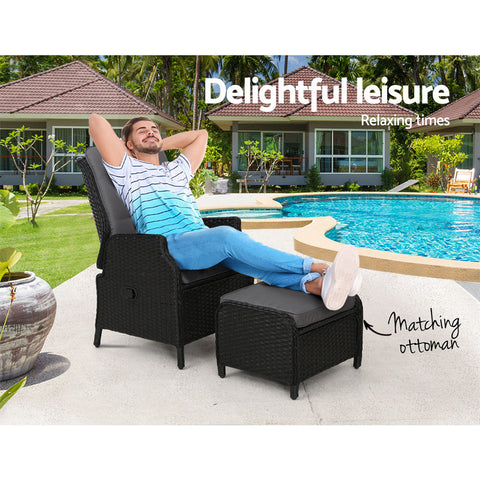 Gardeon Recliner Chair Sun lounge Wicker Lounger Outdoor Furniture Patio Adjustable Black Chez Guru