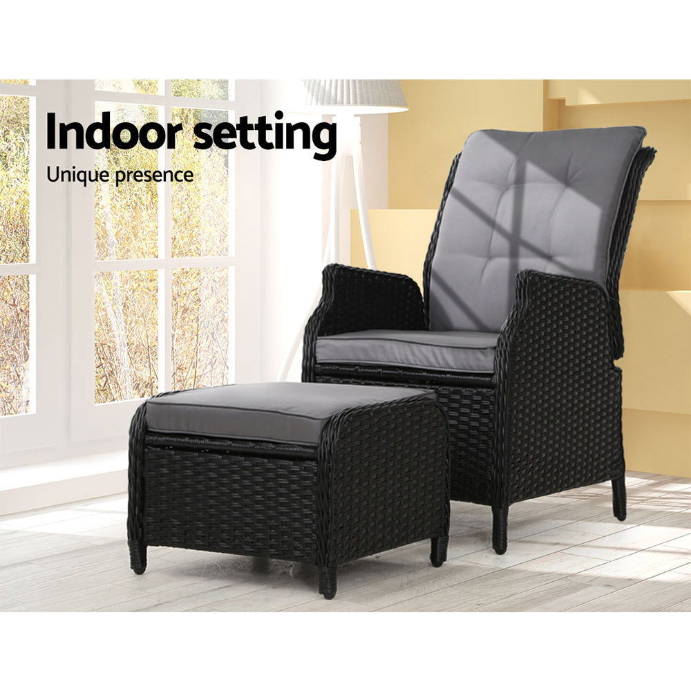 Gardeon Recliner Chair Sun lounge Wicker Lounger Outdoor Furniture Patio Adjustable Black Chez Guru