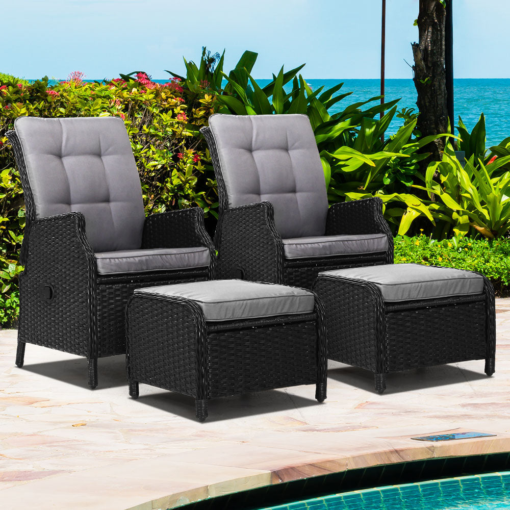 Gardeon 2PC Recliner Chair Sun lounge Wicker Lounger Outdoor Furniture Adjustable Black Chez Guru