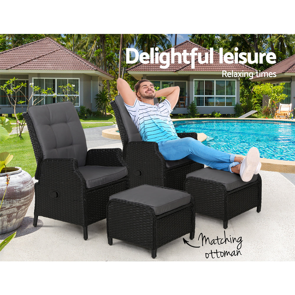 Gardeon 2PC Recliner Chair Sun lounge Wicker Lounger Outdoor Furniture Adjustable Black Chez Guru
