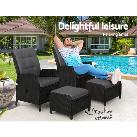 Gardeon 2PC Recliner Chair Sun lounge Wicker Lounger Outdoor Furniture Adjustable Black Chez Guru