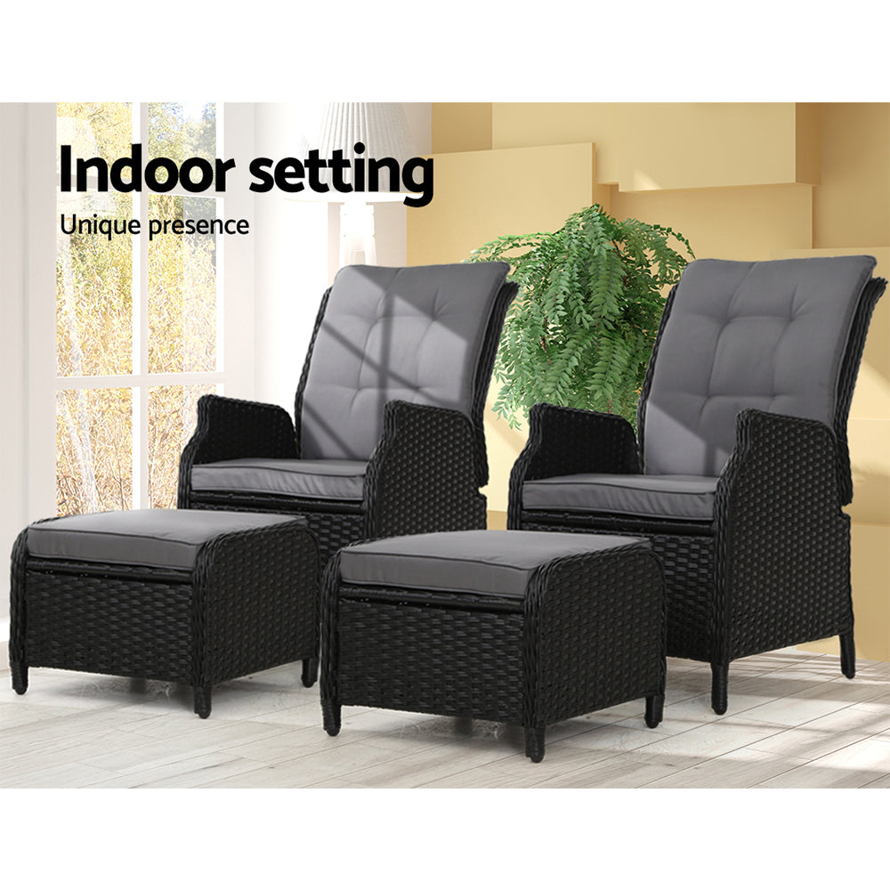 Gardeon 2PC Recliner Chair Sun lounge Wicker Lounger Outdoor Furniture Adjustable Black Chez Guru