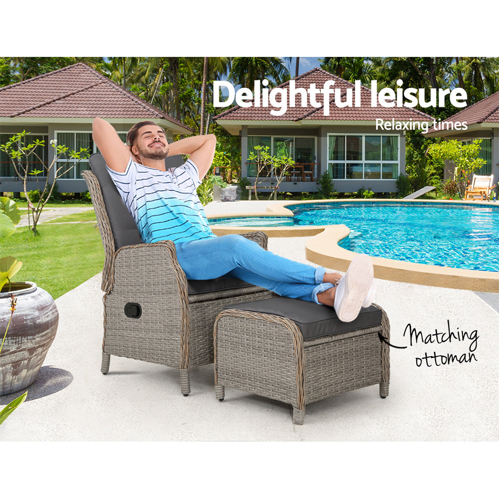 Gardeon Recliner Chair Sun lounge Wicker Lounger Outdoor Furniture Patio Adjustable Grey Chez Guru