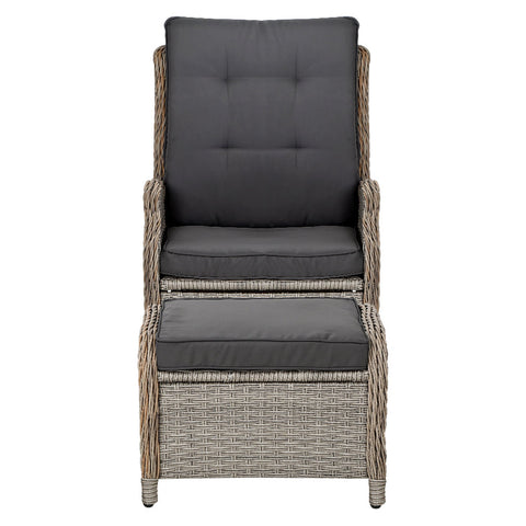 Gardeon 2PC Recliner Chair Sun lounge Wicker Lounger Outdoor Furniture Adjustable Grey Chez Guru