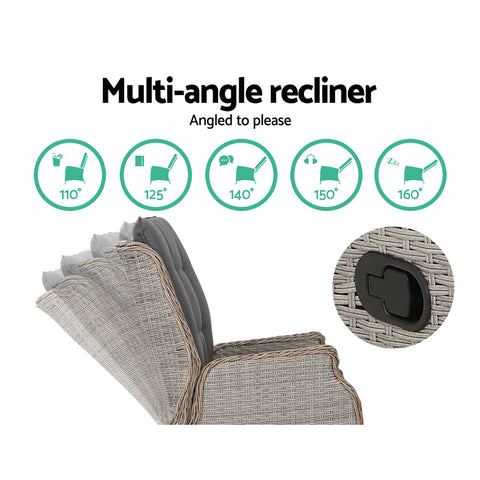 Gardeon 2PC Recliner Chair Sun lounge Wicker Lounger Outdoor Furniture Adjustable Grey Chez Guru