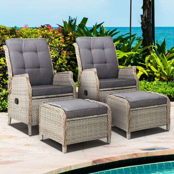 Gardeon 2PC Recliner Chair Sun lounge Wicker Lounger Outdoor Furniture Adjustable Grey Chez Guru