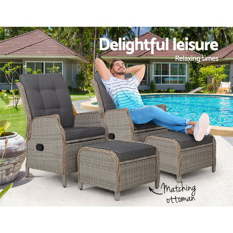 Gardeon 2PC Recliner Chair Sun lounge Wicker Lounger Outdoor Furniture Adjustable Grey Chez Guru