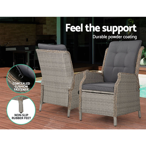 Gardeon 2PC Recliner Chair Sun lounge Wicker Lounger Outdoor Furniture Adjustable Grey Chez Guru