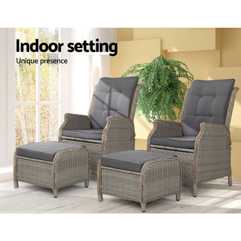 Gardeon 2PC Recliner Chair Sun lounge Wicker Lounger Outdoor Furniture Adjustable Grey Chez Guru