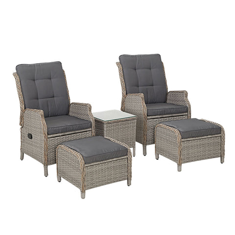 Gardeon 5PC Recliner Chairs Table Sun lounge Wicker Outdoor Furniture Adjustable Grey Chez Guru