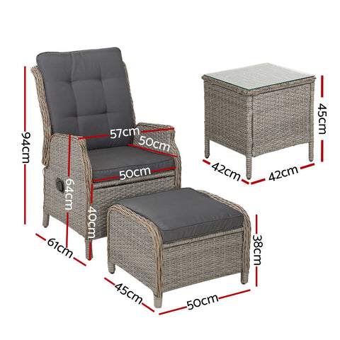 Gardeon 5PC Recliner Chairs Table Sun lounge Wicker Outdoor Furniture Adjustable Grey Chez Guru