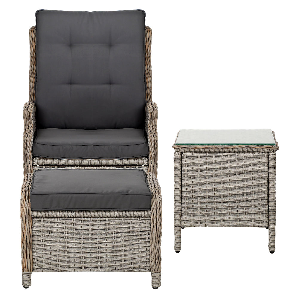 Gardeon 5PC Recliner Chairs Table Sun lounge Wicker Outdoor Furniture Adjustable Grey Chez Guru