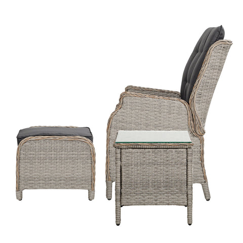 Gardeon 5PC Recliner Chairs Table Sun lounge Wicker Outdoor Furniture Adjustable Grey Chez Guru