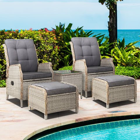 Gardeon 5PC Recliner Chairs Table Sun lounge Wicker Outdoor Furniture Adjustable Grey Chez Guru