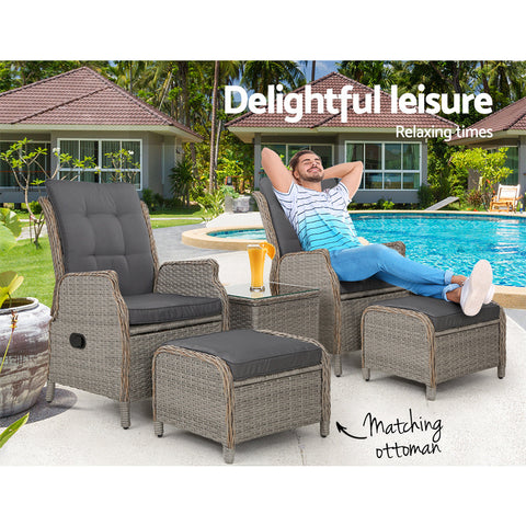 Gardeon 5PC Recliner Chairs Table Sun lounge Wicker Outdoor Furniture Adjustable Grey Chez Guru