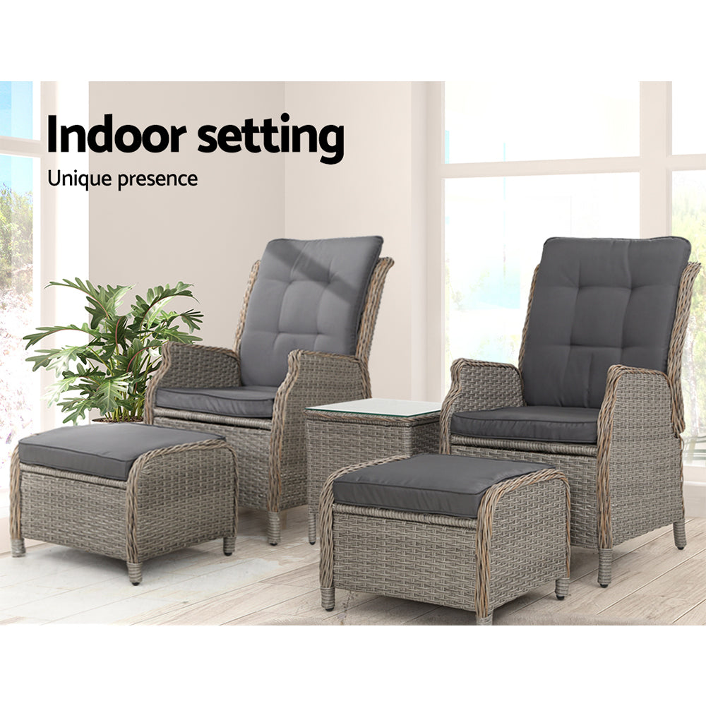 Gardeon 5PC Recliner Chairs Table Sun lounge Wicker Outdoor Furniture Adjustable Grey Chez Guru